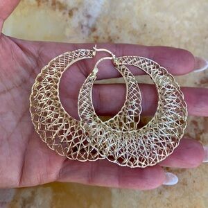 Gold plated large hoop mesh earrings 2 1/4”
